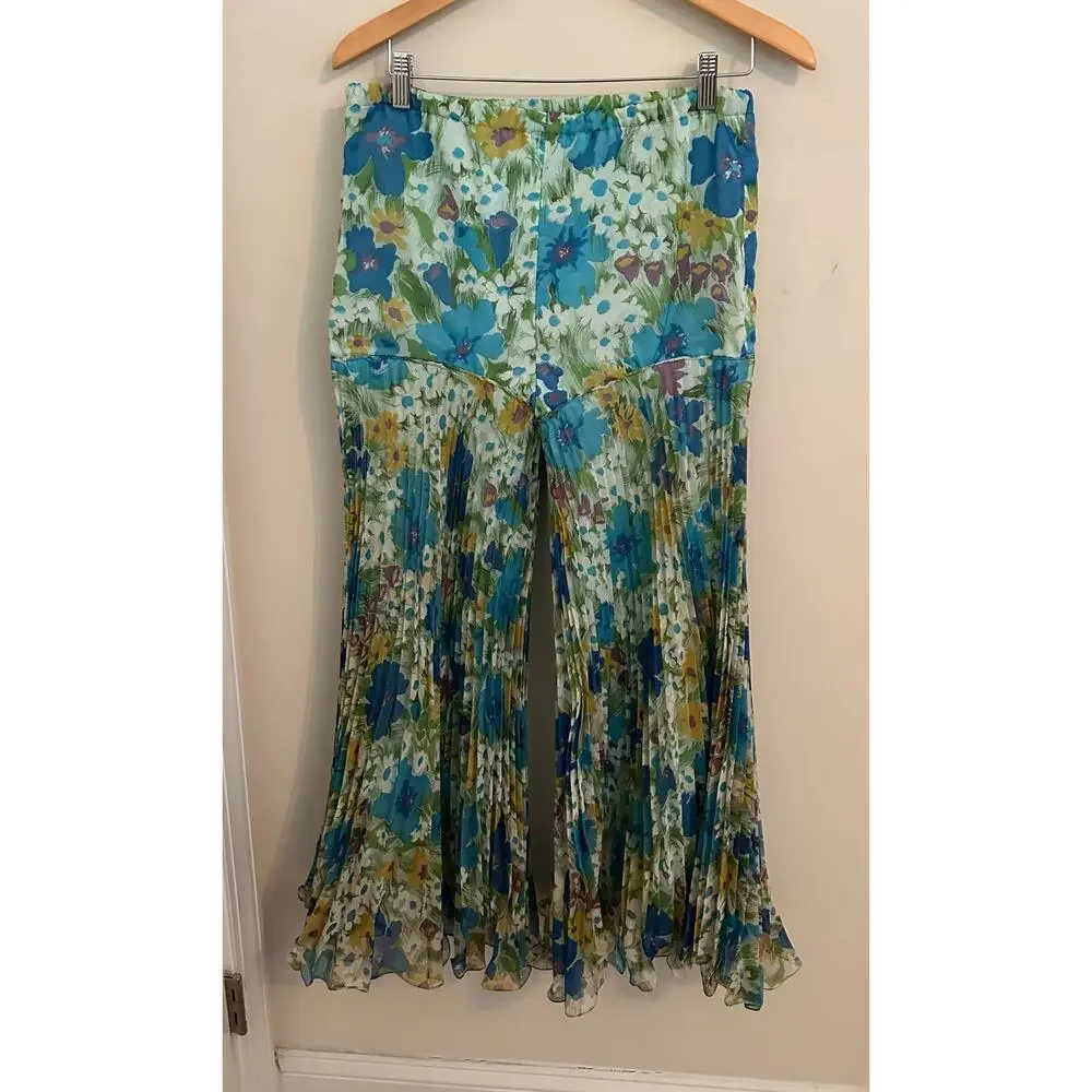 Vintage 60s 70s Floral Plissé Accordion Pleated Palazzo Pants, 28–30 Waist